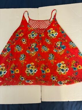 Aeropostale Red Floral Rayon Top Crochet Accents L Y2K Boho Hippie Coastal Beach